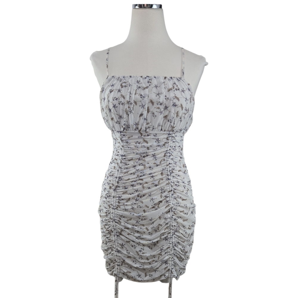 LE LIS Floral Ruched Mini Dress M Cream Blue Bodycon Coquette Adjustable Straps
